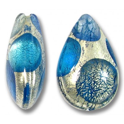 1 Murano Glass White Goldfoil Extravagant Sapphire Aqua BD 20mm Pear Drop