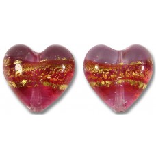 2 Murano Glass Ruby Gold Foiled Band Clear 14mm Hearts 