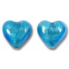 2  Murano Glass Dark Aquamarine White Gold Foiled 14mm Heart Beads