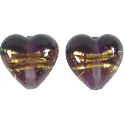 2 Murano Glass Amethyst Gold Foiled Band 14mm Hearts 