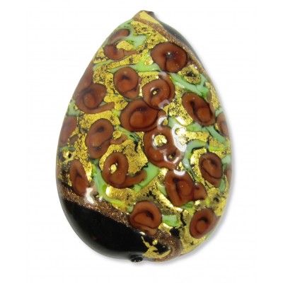 1 Murano Glass Amore Black & Amber Goldfoil & Aventurine 34mm Peardrop