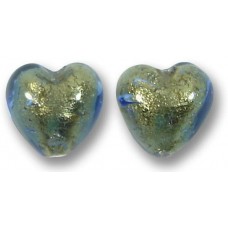 2 Murano Glass Bluino Gold Foiled 10mm Heart Beads
