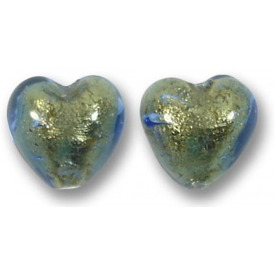 2 Murano Glass Bluino Gold Foiled 10mm Heart Beads