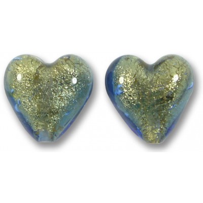 2 Murano Glass Bluino Gold Foiled 14mm Heart Beads