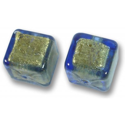 2  Murano Glass Bluino Gold Foiled 8mm Cube Beads