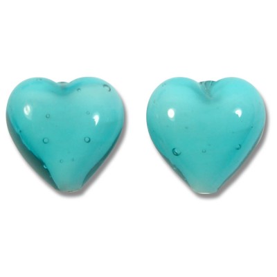 2 Murano Glass 14mm Hearts Verde Marino White Core 