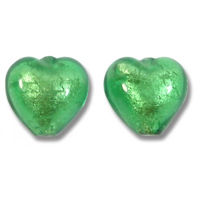 2  Murano Glass White Gold Foiled Emerald 10mm Heart Beads