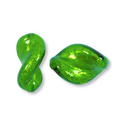 2 Murano Glass Erba Green Silver Foiled Elica Twist Beads