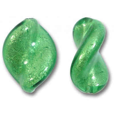 2 Murano Glass Emerald White Gold Foiled Elica Twist Beads
