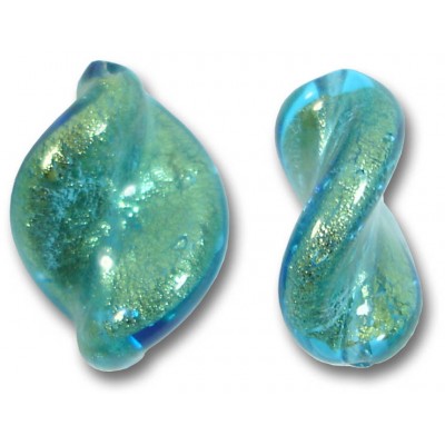 2 Murano Glass Kingfisher Gold Foiled Elica Twist Beads