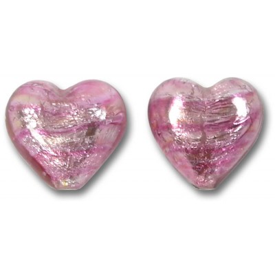 2 Murano Rose Silver Foiled 14mm Heart Beads