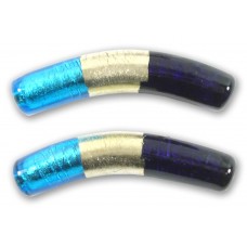 1 Murano Glass Curved White Goldfoiled 40mm Macaroni Bead Bicolour Dark Aqua and Purple Velvet