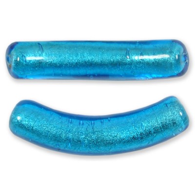 1 Murano Glass Curved White Goldfoiled 40mm Macaroni Bead Dark Aqua