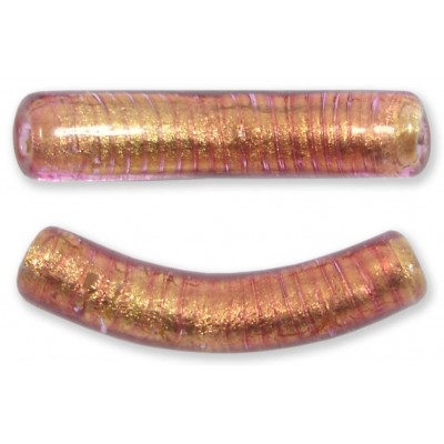 1 Murano Glass Curved Goldfoiled 40mm Macaroni Bead Rosa