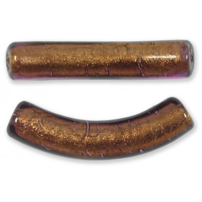 1 Murano Glass Curved Goldfoiled 40mm Macaroni Bead Chocolate Amethyst