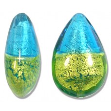 1 Murano Glass Lime and Dark Aqua Bicolour White Gold Foiled 20mm Pear Drop