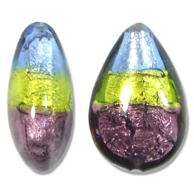 1 Murano Glass Sapphire Lime and Amethyst Tricolour Silver Foiled 20mm Pear Drop