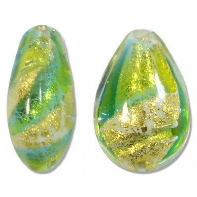 1 Murano 24kt Gold Foil Lime Aqua 20mm Pear Drop