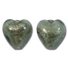 2 Murano Glass Gunmetal Grey White Goldfoil 10mm Heart Beads