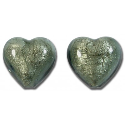 2 Murano Glass Gunmetal Grey White Goldfoil 14mm Hearts