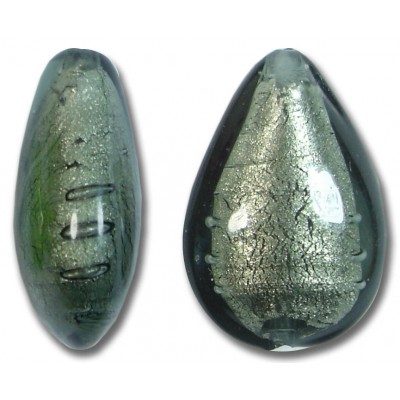 1 Murano Glass Gunmetal White Gold Foiled 20mm Pear Drop