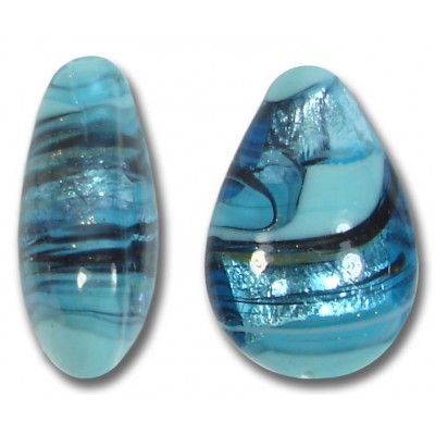 1 Murano Glass White Gold Foiled Turquoise Swish 20mm Pear Drop
