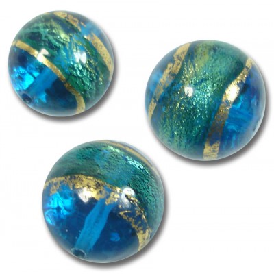 10 Murano Glass 8mm Turquoise Gold Foiled Band Round Beads