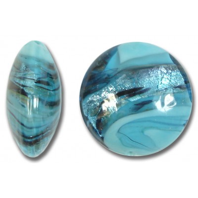 1 Murano Glass White Gold Foiled Turquoise Swish 20mm Lentil
