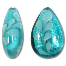 1 Murano Glass Verde Marino Feathers White Gold Foiled 33mm Drop Bead