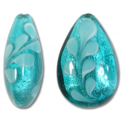 1 Murano Glass Verde Marino Feathers White Gold Foiled 33mm Drop Bead