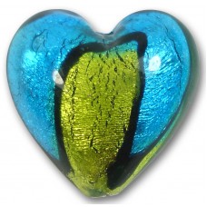 1 Murano Glass Bicolour Gold Foiled 30mm Heart Bead Dark Aquamarine & Lime
