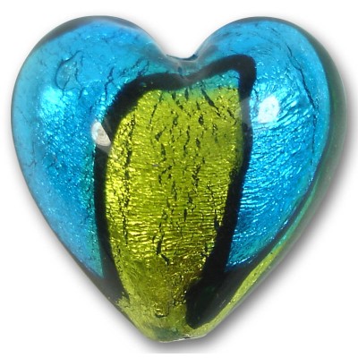 1 Murano Glass Bicolour Gold Foiled 30mm Heart Bead Dark Aquamarine & Lime