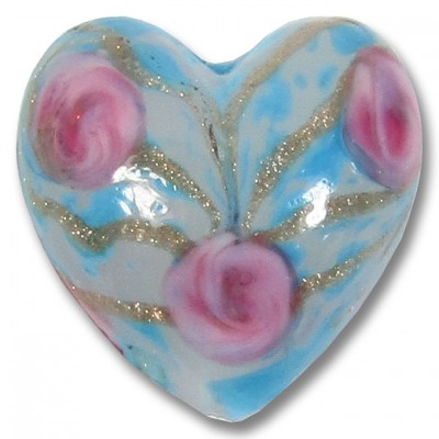 1 Murano Glass Roses Soft Blue Gold Aventurine 20mm Heart
