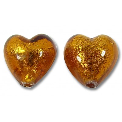 2 Murano Glass Medium Topaz Gold Foiled 10mm Heart Beads