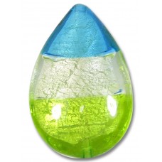 1 Murano Glass Lime Clear and Dark Aqua Tricolour White Gold Foiled 28mm Pear Drop