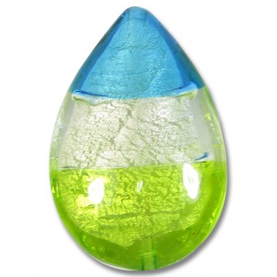 1 Murano Glass Lime Clear and Dark Aqua Tricolour White Gold Foiled 28mm Pear Drop