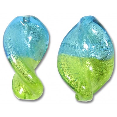 1 Murano Glass Lime and Dark Aqua White Bicolour Gold Foiled 20mm Elica Bead