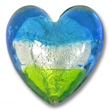 1 Murano Glass Lime Clear and Dark Aqua Tricolour White Gold Foiled 20mm Heart Bead