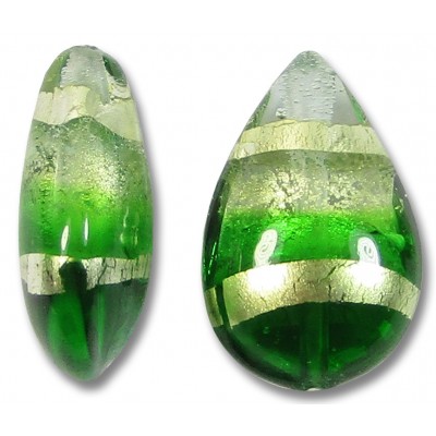 1 Murano Glass Emerald Green White Gold Foiled Band 20mm  Pear Drop