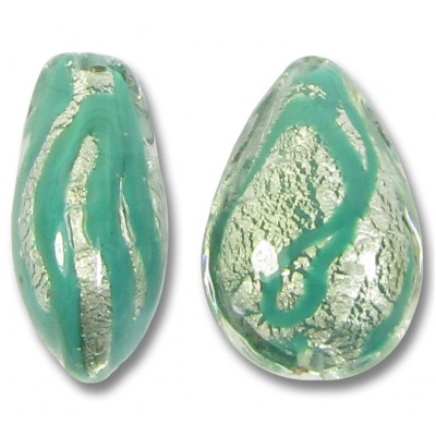 1 Murano Glass White Gold Foiled Turquoise Green Drizzle 20mm Pear Drop Bead