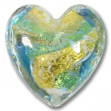 1 Murano Glass Aqua and Bluino Swirl Gold Foiled 20mm Heart