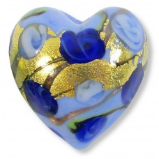 1 Murano Glass Amore Aquamarine and Sapphire Goldfoil & Aventurine 20mm Heart