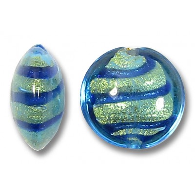 1 Murano Glass Goldfoiled Turquoise Velvet Sapphire 14mm Lentil Bead