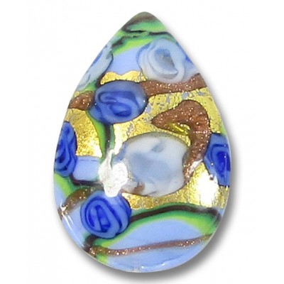 1 Murano Glass Amore Aquamarine and Sapphire Goldfoil 28mm Pear Drop