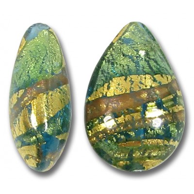 1 Murano Glass Dark Aquamarine and Aventurine Ripple Gold Foiled 20mm Pear Drop