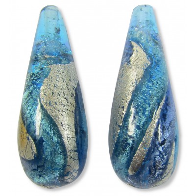 1 Murano Aquamarine and Sapphire Ripple White Gold Foiled 28mm Drop