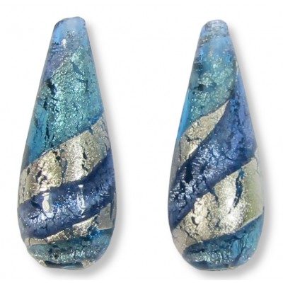 1 Murano Aquamarine and Sapphire Ripple White Gold Foiled 28mm Drop