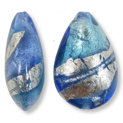1 Murano Aquamarine and Sapphire Ripple White Gold Foiled 20mm Pear Drop