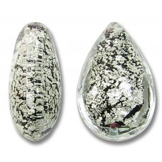 1 Murano Glass Crackle White Gold Foiled Black 20mm Pear Drop