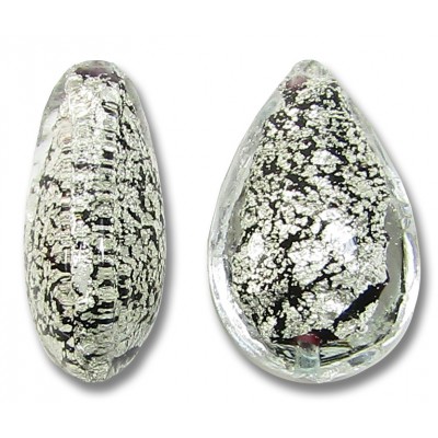 1 Murano Glass Crackle White Gold Foiled Black 20mm Pear Drop